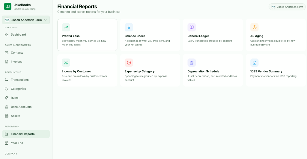 JakeBooks Financial Reports — Profit & Loss, Balance Sheet, General Ledger and more